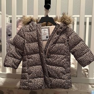 Gap Toddler 2T Leopard ColdControl Ultra Max Long Puffer Jacket Coat Faux Fur